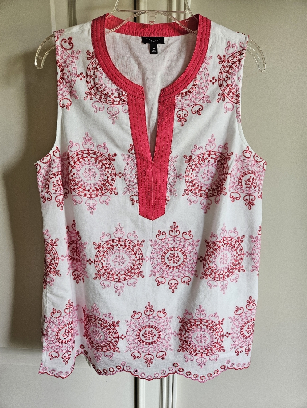 Talbots White Sleeveless Tunic with Pink Medallion Embroidery